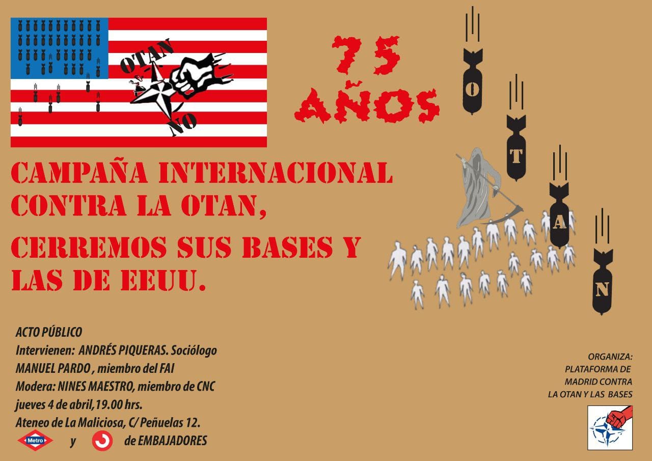 Charla 04/40/2024 Ateneo la Maliciosa: Campaña Internacional contra la OTAN cerremos sus Bases y las de EEUU